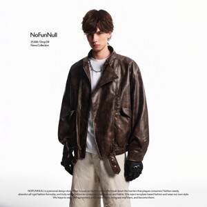 
NOFUNNULL American spliced stand collar leather jacket men's spring retro cleanfit motorcycle jacket trendy