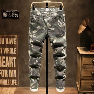 
Autumn and winter American high-end camouflage color trendy brand men's casual trousers slim-fitting elastic jeans overalls trousers