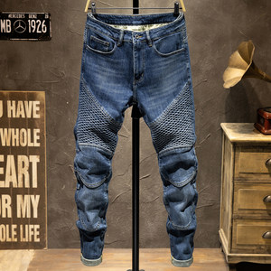 
Autumn and winter high-end trendy brand splicing hot stamping motorcycle style jeans men's slim feet stretch dark retro new style