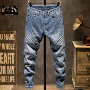 
Autumn and winter high-end European and American trendy brand retro light blue stitched hot stamped motorcycle jeans for men with slim fit and elastic legs