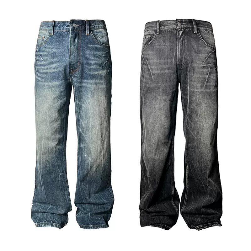 デニム・ジーパン JCAESAR STUDIO FLASH WHISKER DENIMS JCAESAR FLASH WHISKER DENIMS 闪电爆裂纹牛仔裤重水洗直筒微喇
