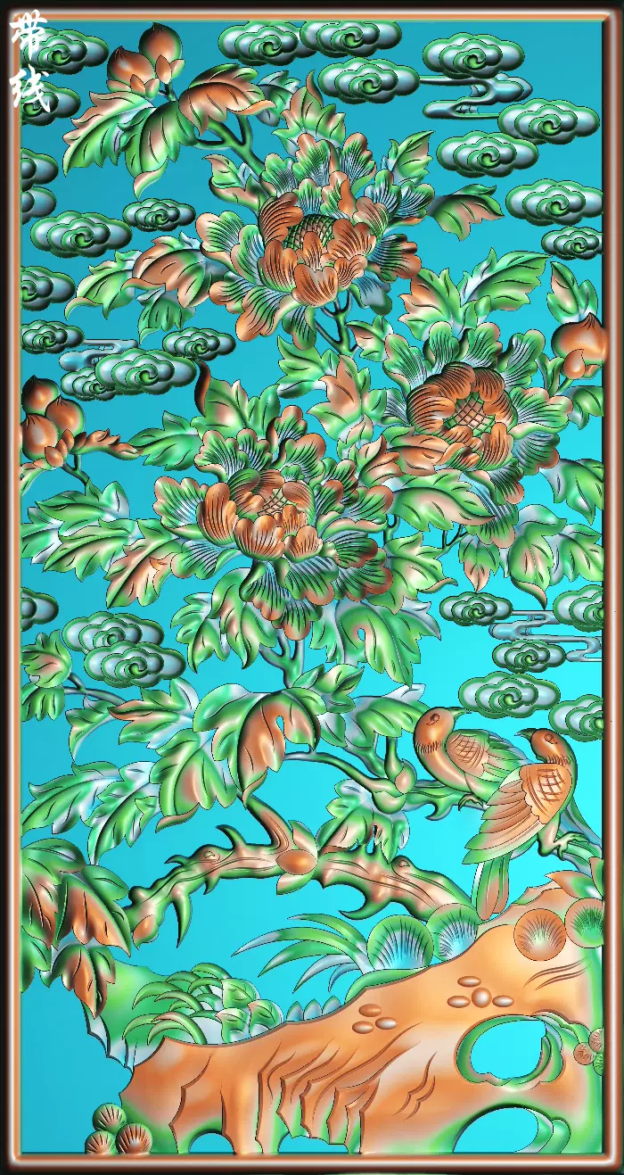 牡丹花鸟竖屏挂屏屏风木雕精雕图jdp浮雕石雕灰度图bmp电脑雕刻