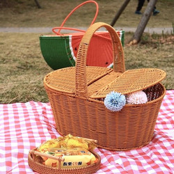 Outdoor Picnic Basket Imitation Rattan Satchel Basket with Lid Shopping Basket Large Flower Arrangement Basket Picnic Storage Fruit Basket Picking