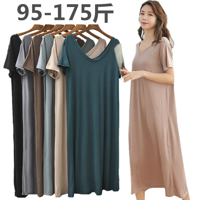 Summer large size Modal short -sleeved dress female new V -neck base pregnant women skirt loose casual long skirt
