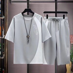 
2024 summer new short-sleeved T-shirt suit men's Korean style trendy teen casual sports cropped pants two-piece set