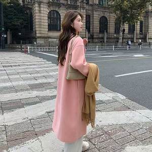 
Pink double-sided woolen coat for women 2025 new autumn Korean style loose mid-length double-sided woolen coat