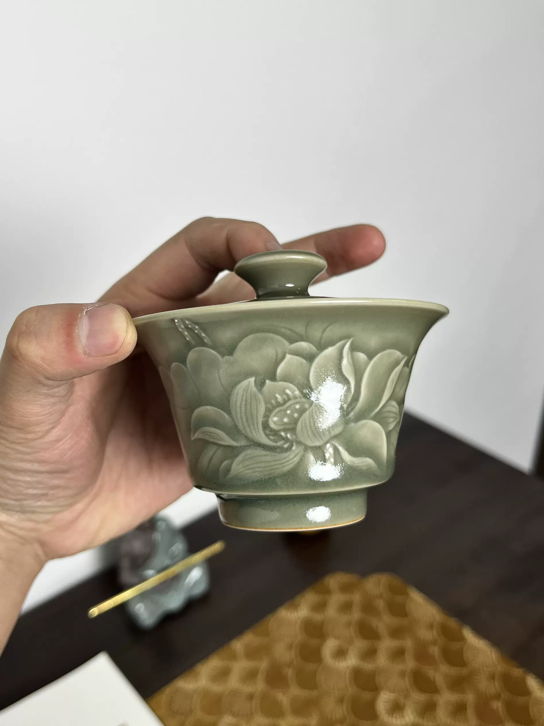 龙泉窑邓芳靓青瓷二才马蹄太湖石竹韵盖碗正品高端茶具泡茶器