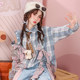 Spring girl bow off-shoulder tie sports style printed letters American style loose fur plaid color block shirt