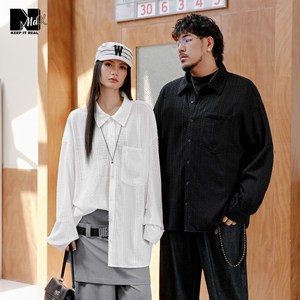 
NMAX large size trendy brand men's 26 spring new striped texture solid color loose off-shoulder shirt with inner shirt