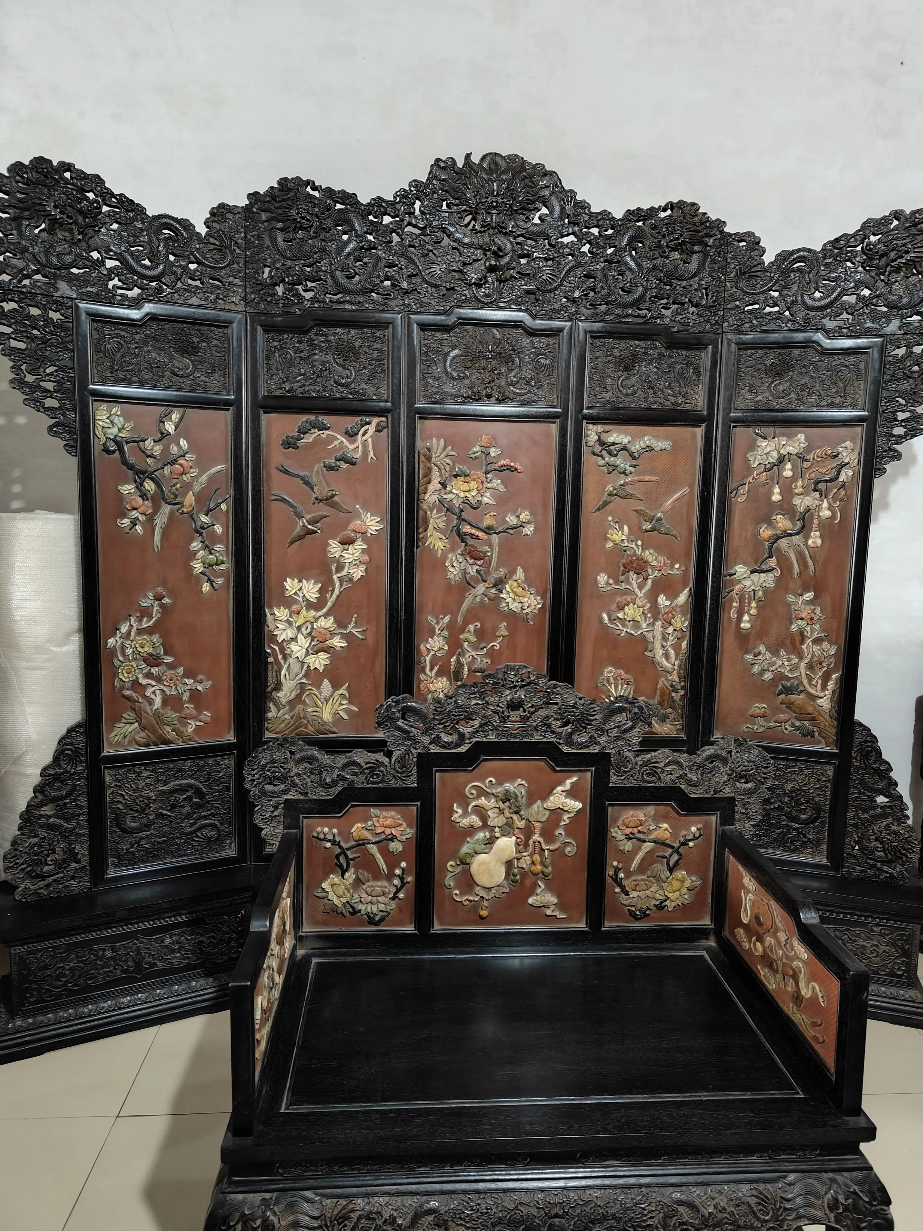 明清家具小叶紫檀屏风顶箱柜宝座一套三件套镶嵌