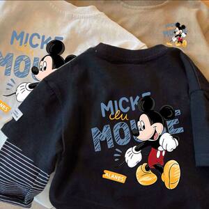
Boys' long-sleeved T-shirt spring and autumn new baby cartoon Mickey style round neck bottoming pure cotton fake two-piece top trendy