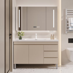 Cream-Style Multi-Layer Solid Wood Bathroom Cabinet Combination with Integrated Washbasin and Ceramic Basin Floor Cabinet