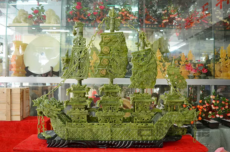 玉石80cm青玉一帆风顺玉雕龙船摆件客厅酒店公司送礼家居饰品