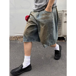 American retro dirty dyed scratches washed distressed denim shorts for men and women loose casual silhouette wide leg five-point pants