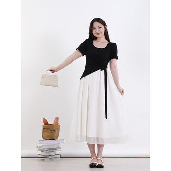 
Summer big size women's clothing summer contrasting color splicing mesh dress waist-hugging to make you look slim and irregular long skirt