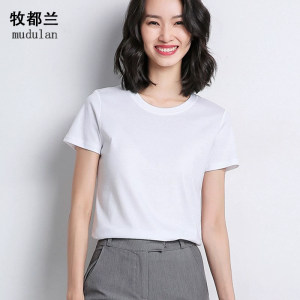 
Mudulan pure cotton ins trendy round neck 2026 T-shirt spring and summer tops slimming and slimming with waist and short sleeves