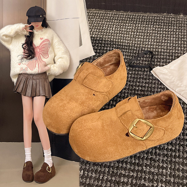 Thick sole inner heightening Birkenstock shoes for women 2025 winter new versatile casual slip-on plus velvet warm cotton shoes trendy