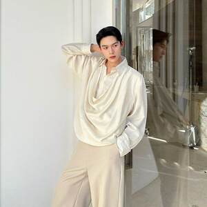 
Spring and summer temperament, simple and fashionable men's draped collar long-sleeved shirt, apricot color design, light luxury, Internet celebrity shirt trend