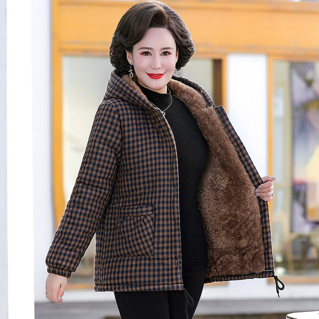 Winter clothing plus velvet and thick plaid cotton jacket for women, quilted hooded cotton coat, middle-aged and elderly mother's casual warm cotton coat