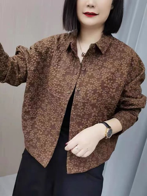 New C2025 Fashion Mom's Face C2025 Fashionable Fashion Style Jacquard Lapel Long Sleeve Top for Women
