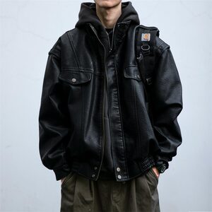 
American retro street versatile texture black motorcycle leather jacket for men's spring and autumn windproof silhouette multi-pocket jacket