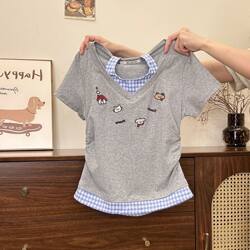 Girls' Summer Short-Sleeve T-Shirt 2026 New Style Children's Halter Neck Faux Two-Piece Top Trendy Summer Clothing for Older Kids