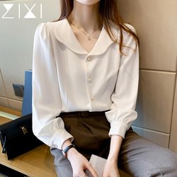Baby Doll Collar White Chiffon Shirt for Women, Spring 2026 New Style, Summer French Puff Sleeve Top, Long Sleeve, Suitable for Commuting and Professional Wear