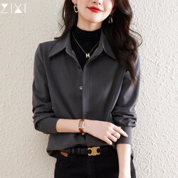 Gray Long-Sleeved Shirt for Women, Spring New Style, Retro Thickened Professional Commuting Polo Collar Shirt, Layered Base Top