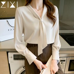 Chiffon Shirt for Women, Spring, High-End, Apricot Color, V-Neck, Satin, Workwear, Interview Attire, Professional Wear, Ribbon, Beige, White Shirt