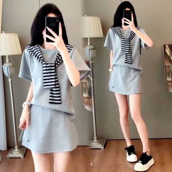 
Summer Short Wear 26 New College Style Casual Sports Suit Women's Loose Short Sleeve Short Skirt Two-piece Set to Reduce Age and Look Slim