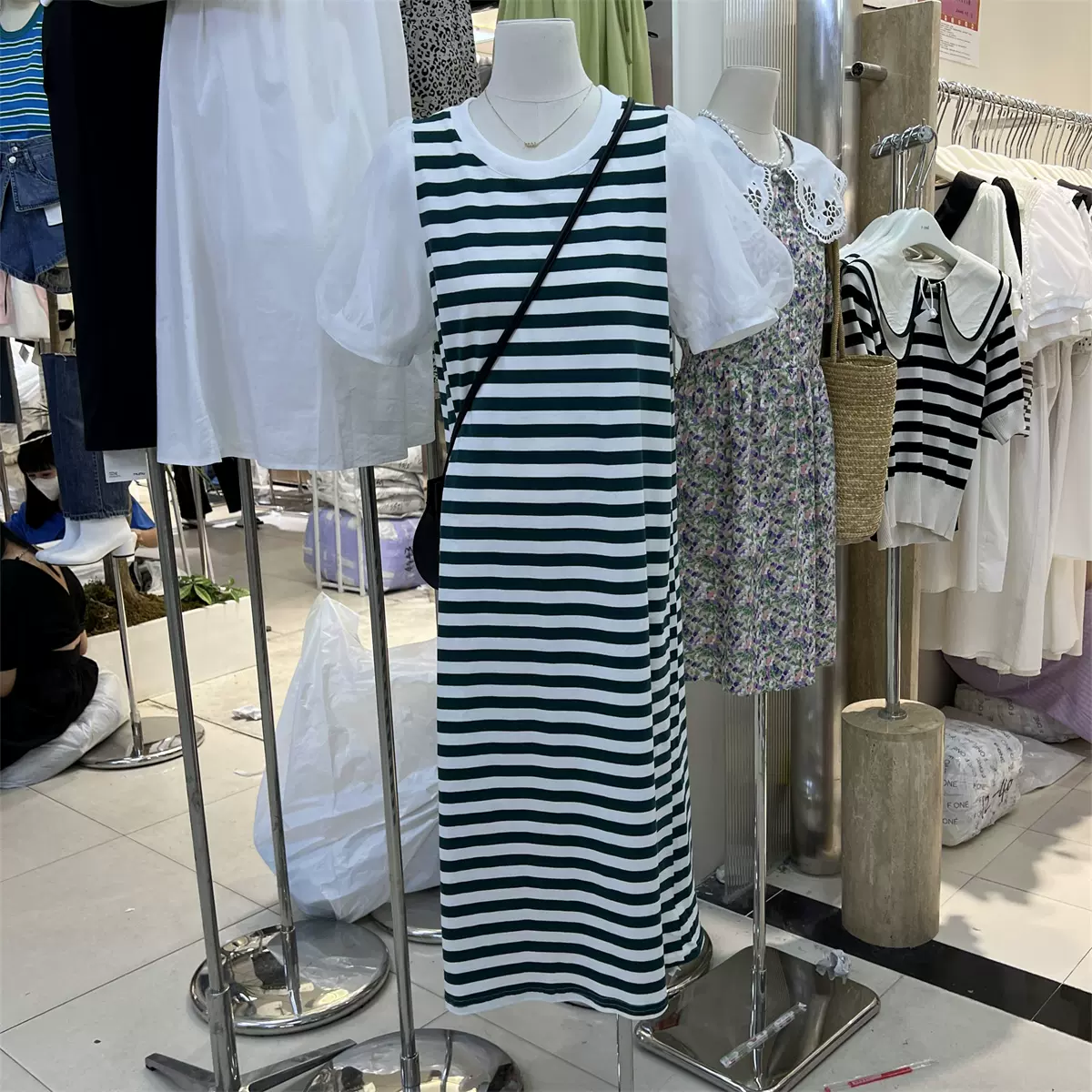 F One韩国chic夏季网纱泡泡袖条纹t恤裙女慵