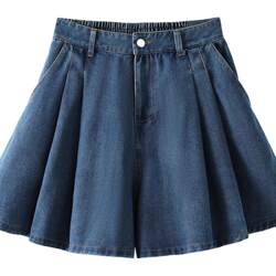 Retro High-Waisted Pleated Denim Skirt Pants for Women 2025 New Large Size Fat mm Slimming Look A-Line Shorts Half Skirt