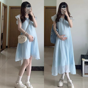 
Maternity dress summer super fairy loose and lazy looking slim and cover the belly tied with small flying sleeves mid-length skirt for women