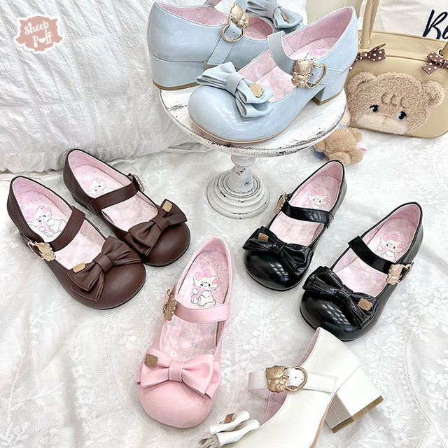 Mikko hug mid low -heeled sheep puff lolita joint bow single shoes
