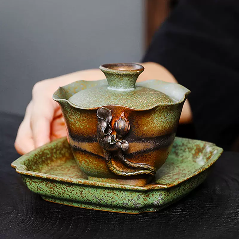 中国茶器 七承堂可懸停山居払雲図三才蓋碗 茶杯 茶碗