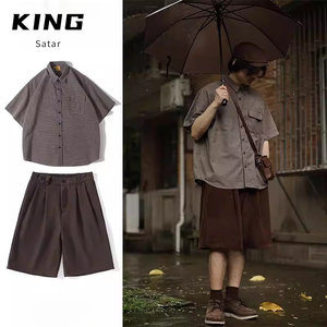 
Two-piece set/Japanese retro silhouette plaid short-sleeved shirt for men and women summer casual pocket loose shirt suit