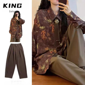 
Three-piece suit/Japanese retro floral print design shirt for boys and girls in spring loose casual versatile suit