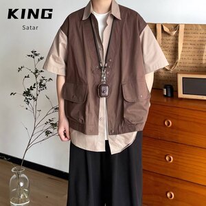 
Japanese retro contrast color splicing fake two-piece workwear short-sleeved shirt for boys and girls in spring and summer versatile lapel shirt jacket