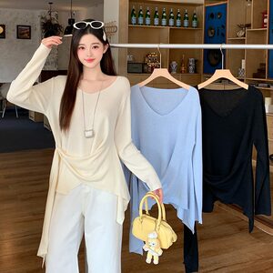 
Han Ting l spring new style fat mm plus size women's design v-neck waist slimming ribbon long-sleeved knitted top