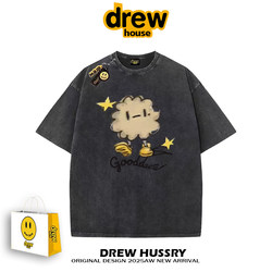 Drew Official Flagship Store Washed Black Cartoon Print Short-Sleeve T-Shirt for Men and Women, Summer Pure Cotton Loose Heavyweight Couple T-Shirt ins