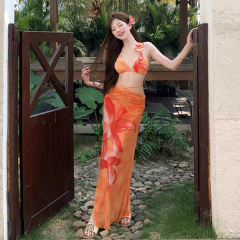 
Thailand, Bali, Sanya swimsuit, women's European and American new sexy skirt, bikini three-piece long skirt, strap tile skirt