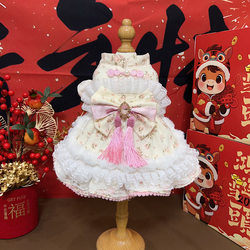 Pet Dog Clothes, Festive Tang Suit for the New Year, Autumn and Winter, Fleece-Lined and Thickened Princess Dress for Small Dogs, Maltese, Pomeranian