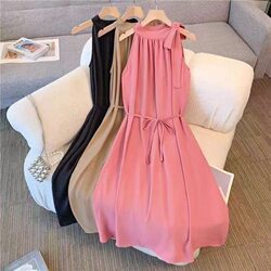 Summer Dress, Lazy Summer Style, New French Style 2026, Slimming Sleeveless Halter Neck with Belt, Vacation Long Dress