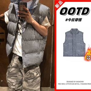 
Couple's large size loose plaid thickened cotton vest autumn and winter layered sleeveless vest men's and women's trendy jacket