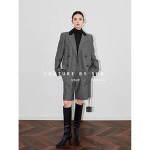 
SUK Fashionable Soul herself! Gray Wool Woolen Jacket Spliced ​​Two-Piece Professional Suit Mid-Pants Suit Women