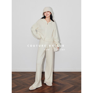 
SUK Caramel Macchiato! Lazy suit, comfortable wool knit top, hooded cardigan, wide-leg pants two-piece set