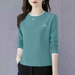 100% Pure Cotton Patchwork Round Neck Long-Sleeved T-Shirt for Women, New Spring and Autumn Korean Style, Stylish, Loose, Slimming, Versatile Top