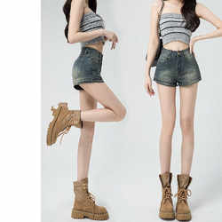 American Retro Denim Shorts for Women, Summer Thin High-Waisted Tight Elastic A-Line Ultra-Short Hot Pants