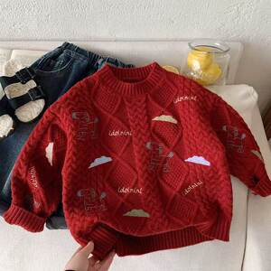 
Children's thickened sweater for boys and girls red knitted sweater 2025 winter new baby New Year's greetings festive bottoming shirt