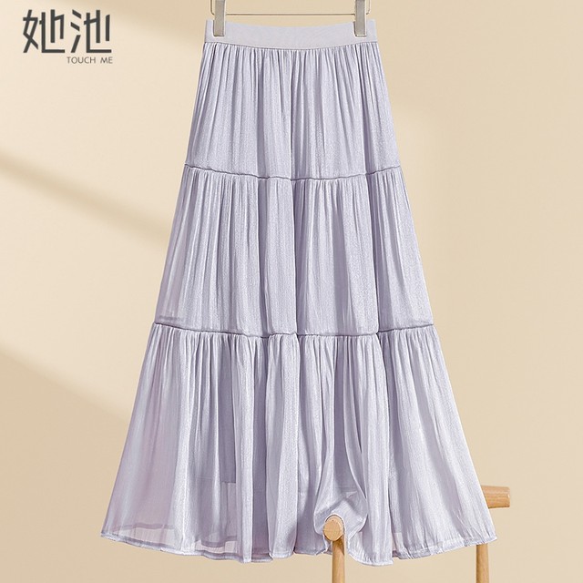 She Chi A-line skirt 2025 autumn clothes new women's clothing fresh and gentle style spliced ​​elastic waist midi skirt